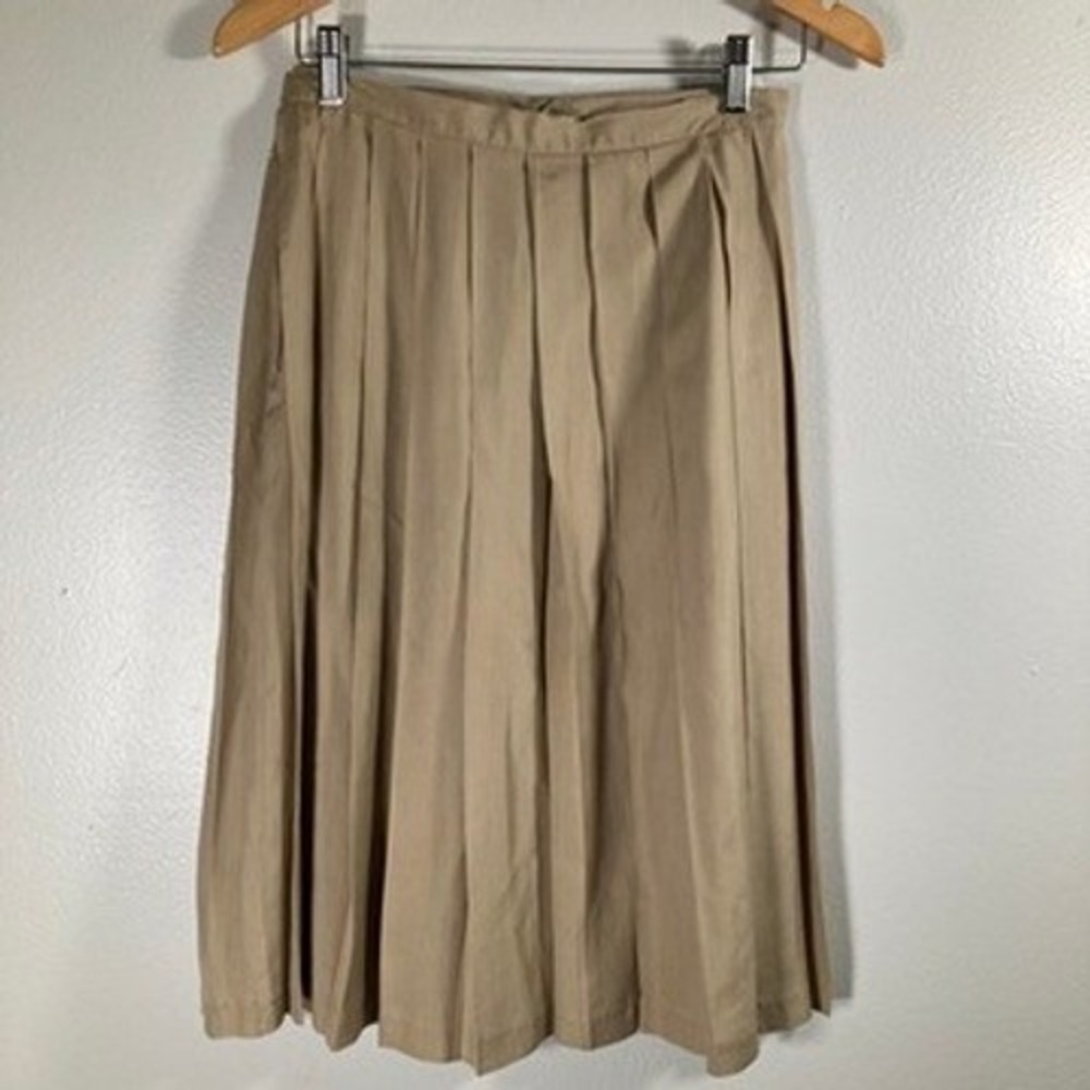Scott Sport Women Tan 100% Silk Pleated Midi Skirt Khaki A-Line Size 6